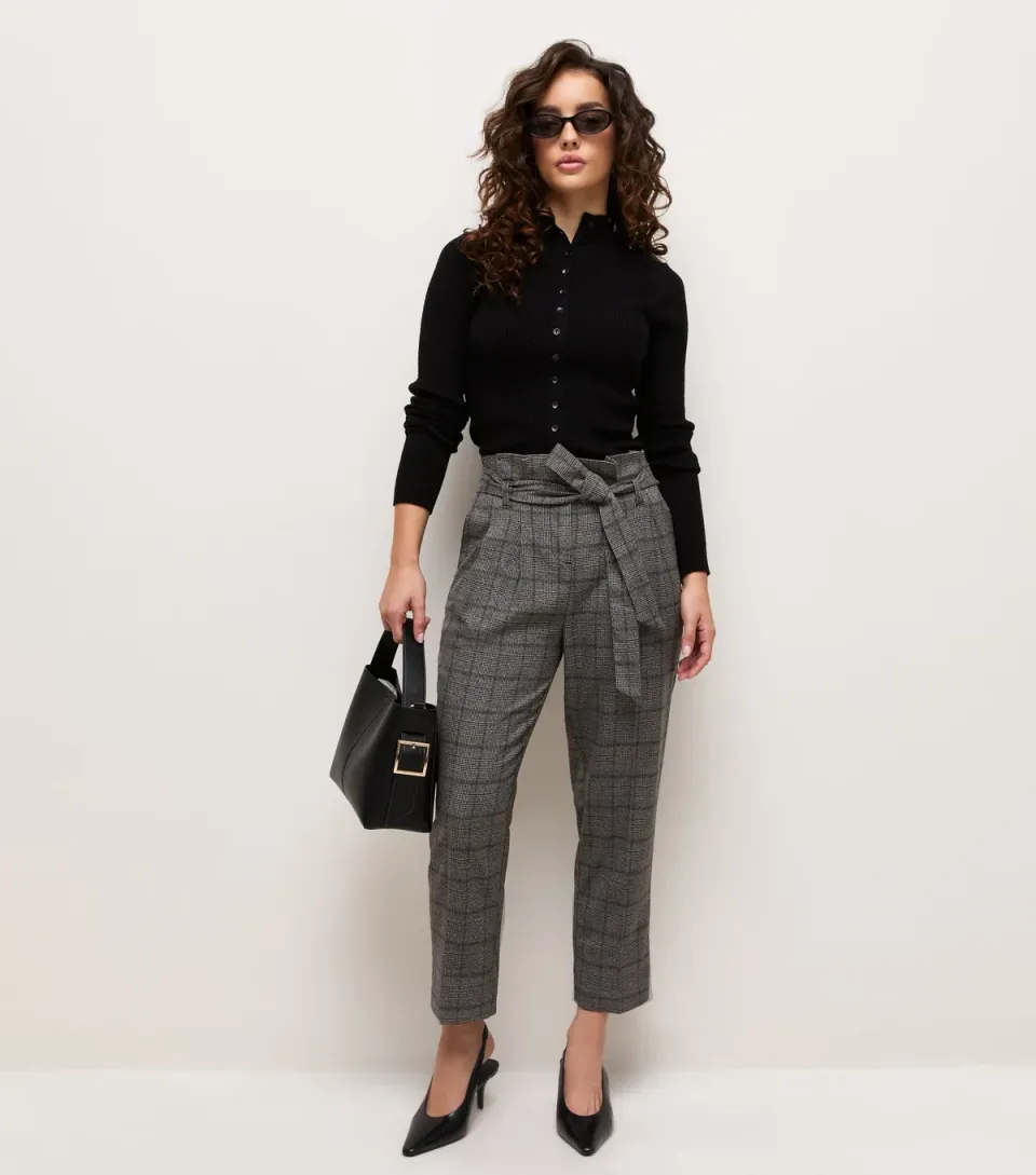Women's Petite Dark Grey Check Paperbag Trousers