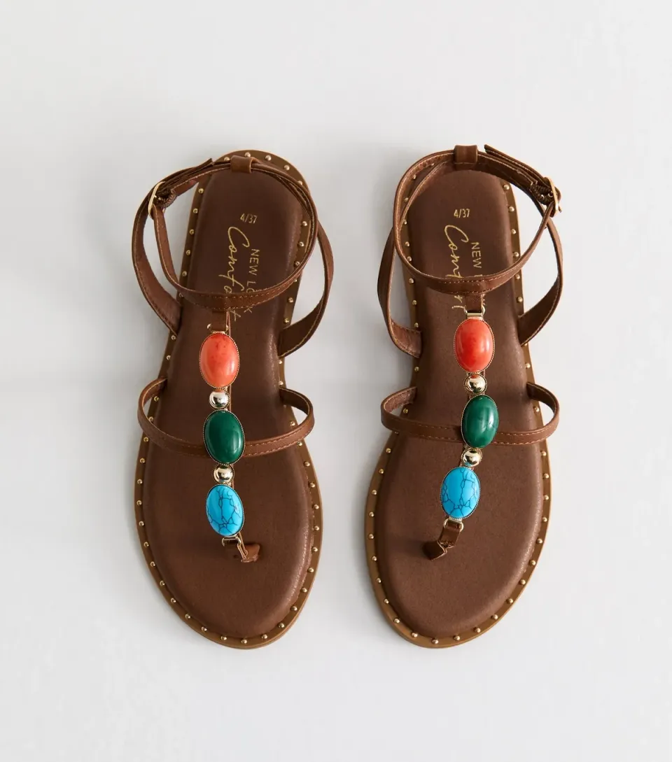 Women's Tan Faux Leather Stone Embellished Sandals Vegan
