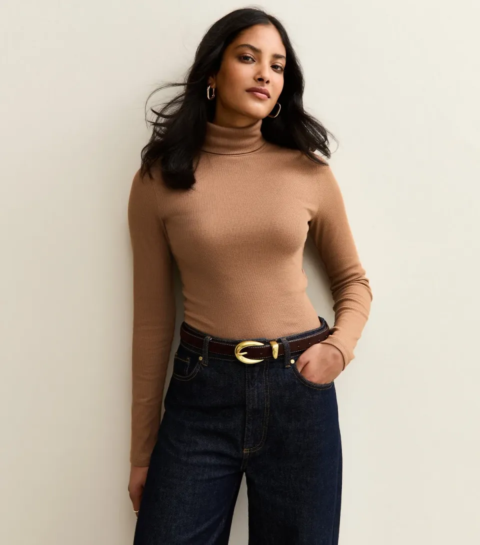 Women's Dark Green Ribbed Long Sleeve Roll Neck Top