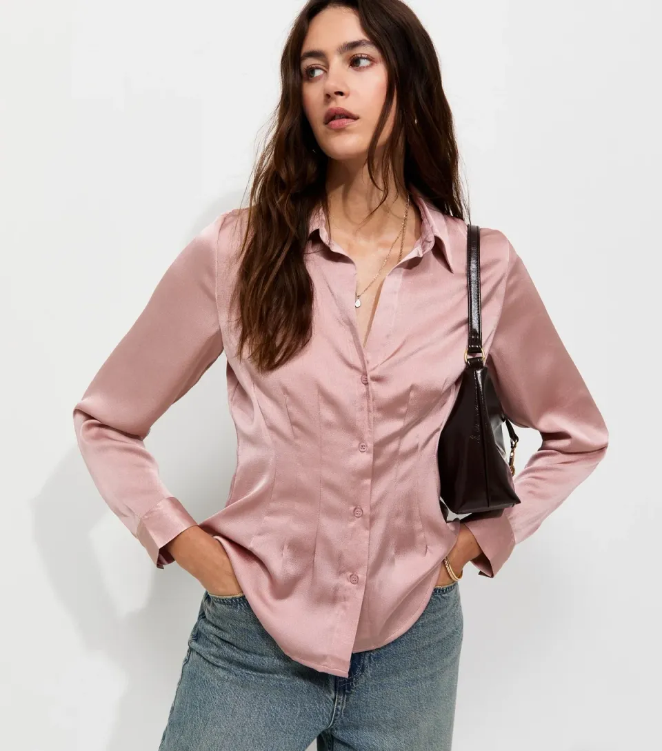 Women's Pink Satin Pleated Waist Shirt