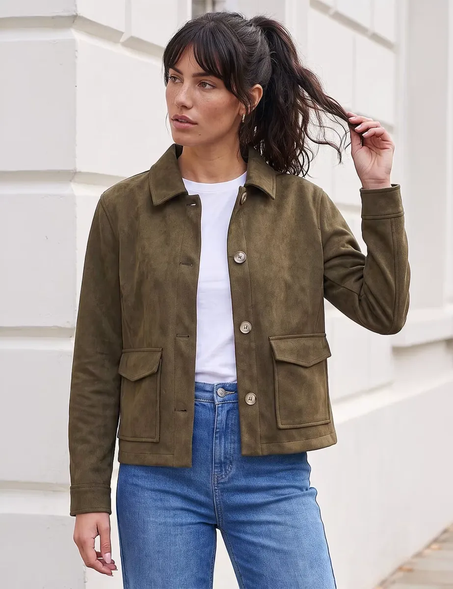 Suedette Button Jacket Khaki