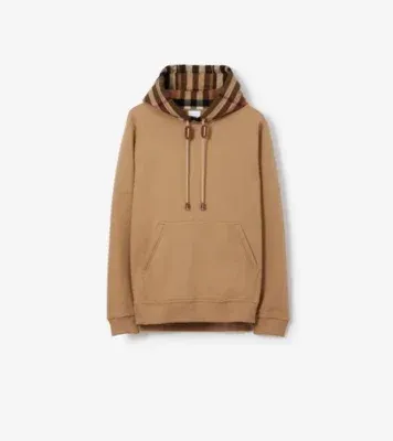 Check Trim Cotton Blend Hoodie in Camel