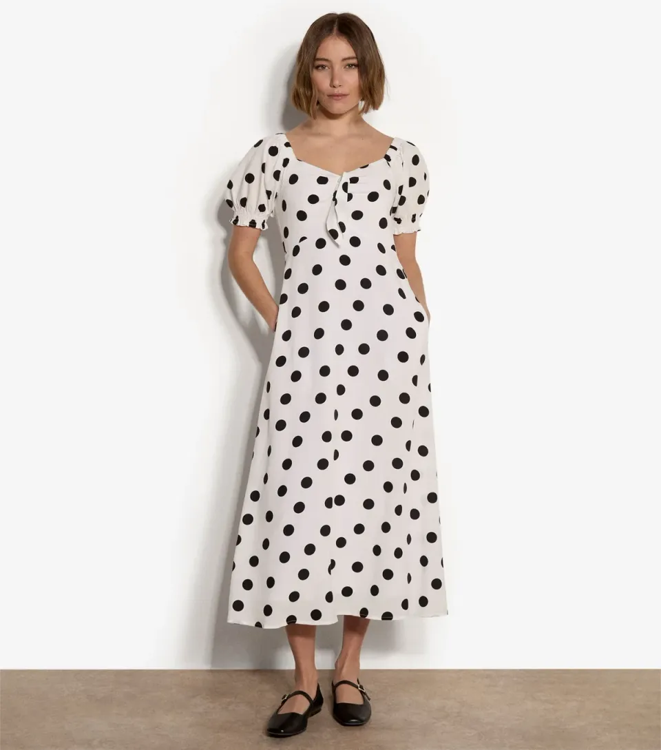 Women's White Polka Dot Bow Detail Midi Dress