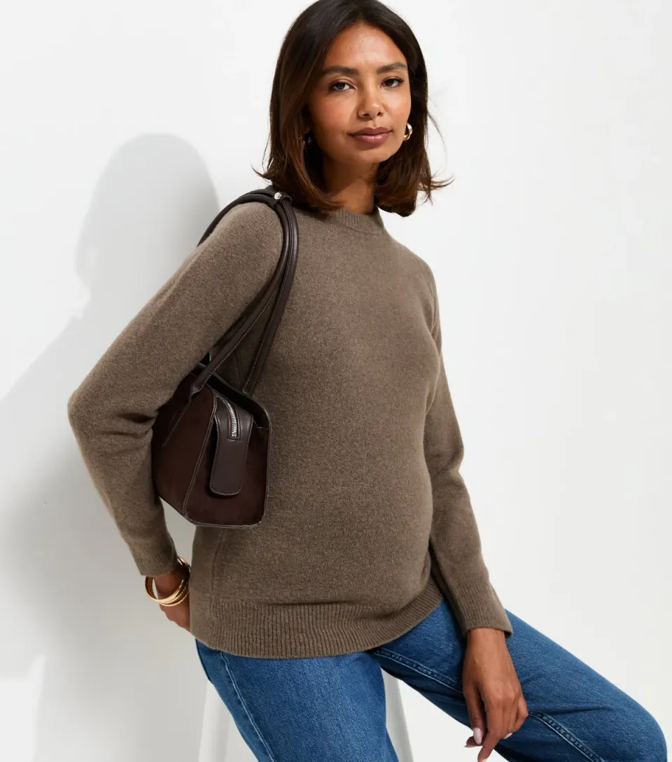 Women's Maternity Dark Mink Knitted Set In Sleeve Crew Neck Jumper