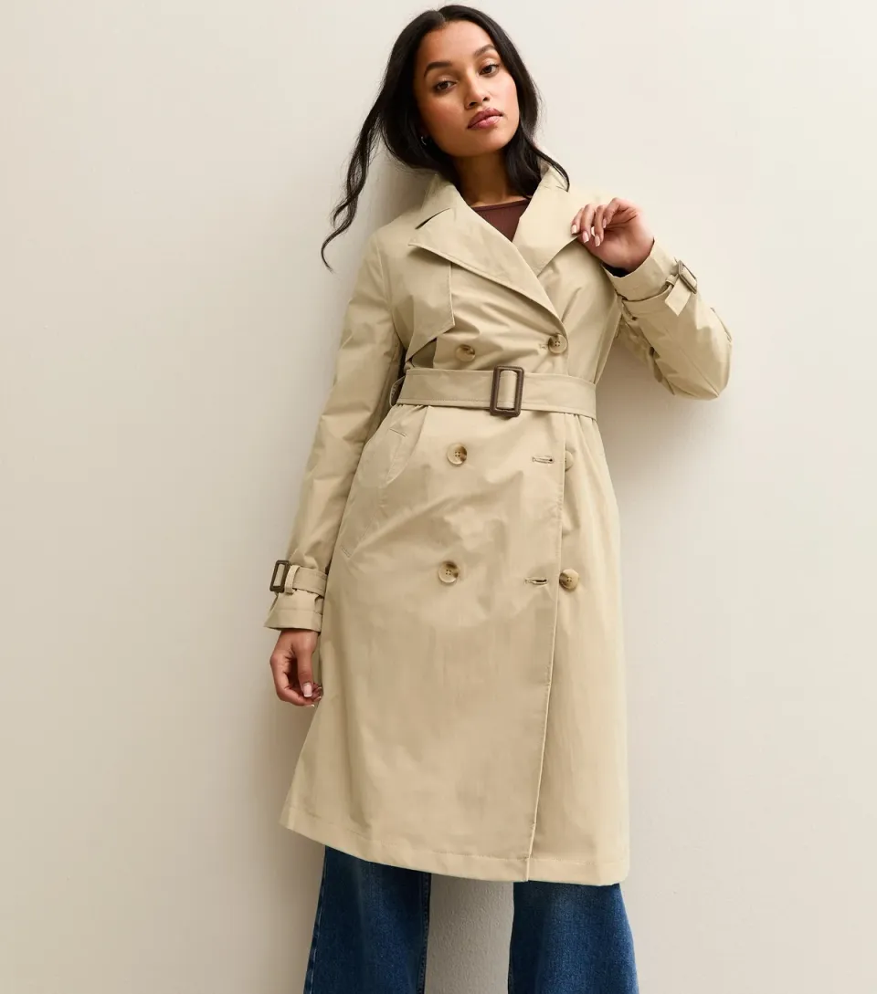 Women's Petite Stone Double Breasted Belted Mac Coat