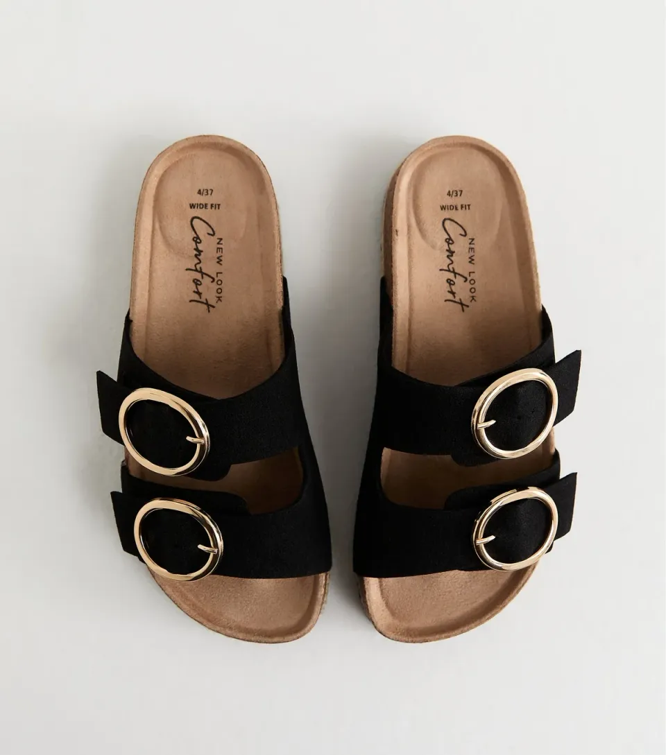 Women's Wide Fit Black Faux Suede Round Buckle Sandals Vegan