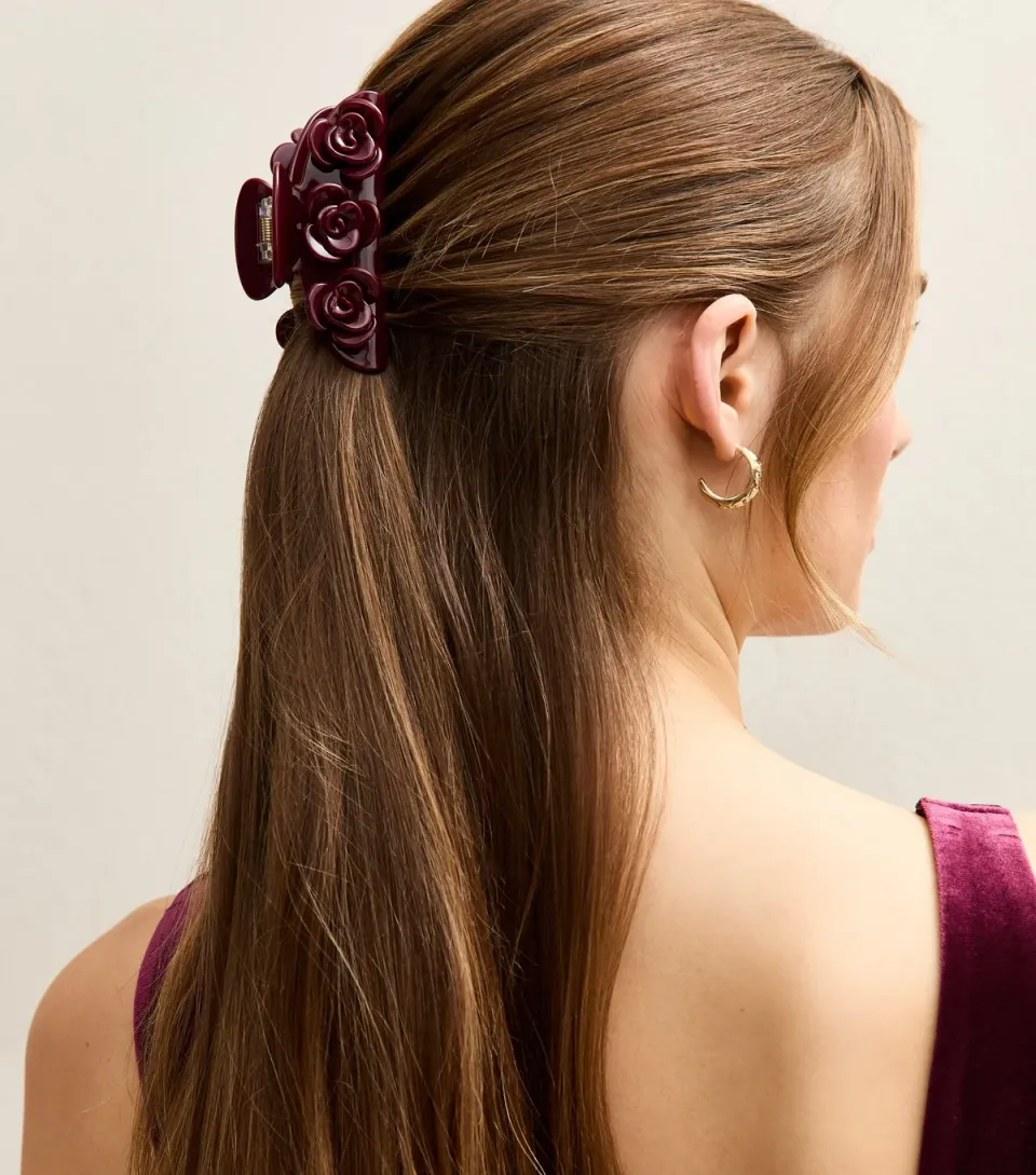Dark Burgundy Rose Detail Hair Claw Clip