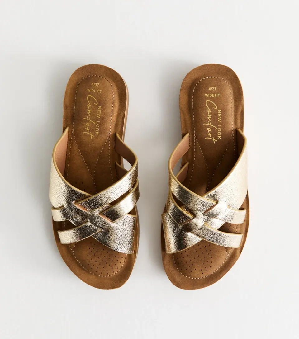 Women's Wide Fit Gold Faux Leather Woven Strap Sandals Vegan