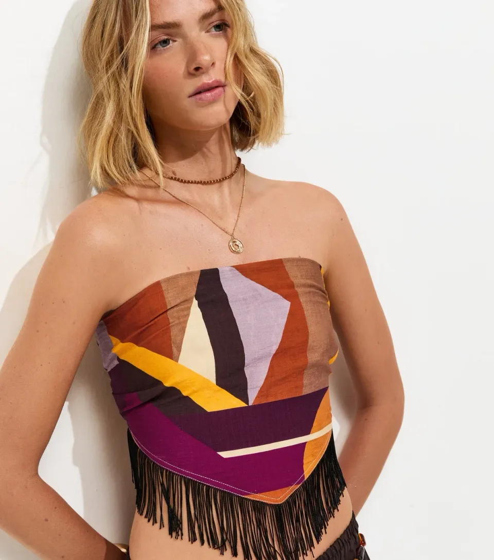Women's Multicoloured Geometric Fringed Bandeau Hanky Top