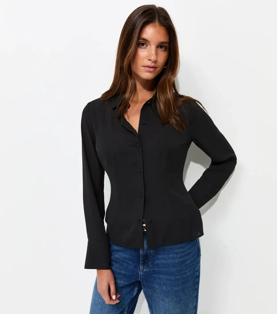Women's Black Fitted Waist Long Sleeve Shirt