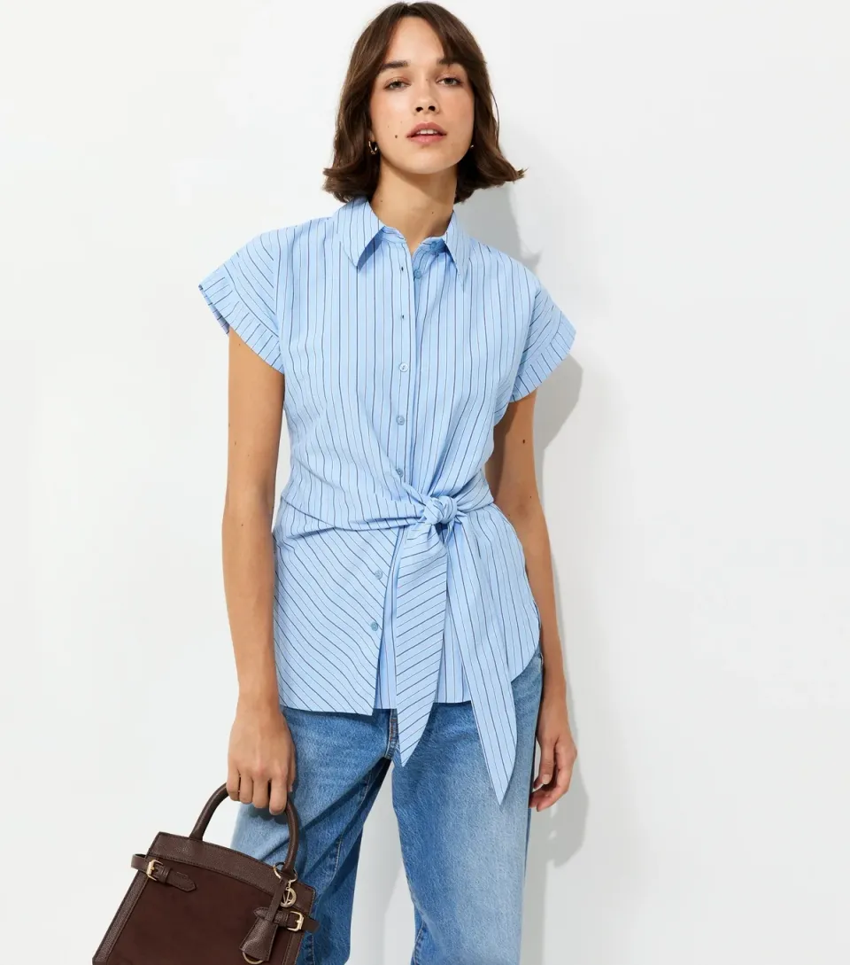Women's Blue Cotton Rich Striped Tie Front Short Sleeve Shirt