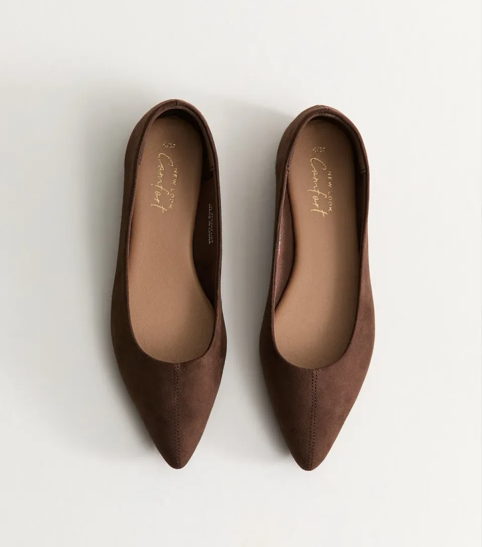 Women's Dark Brown Faux Suede Pointed Toe Ballet Flats Vegan