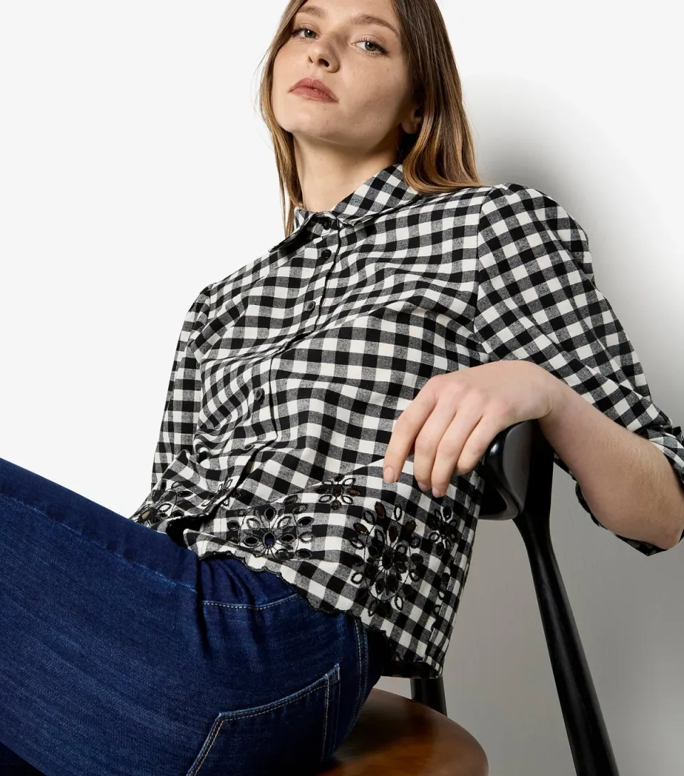 Women's Black Gingham Embroidered Shirt