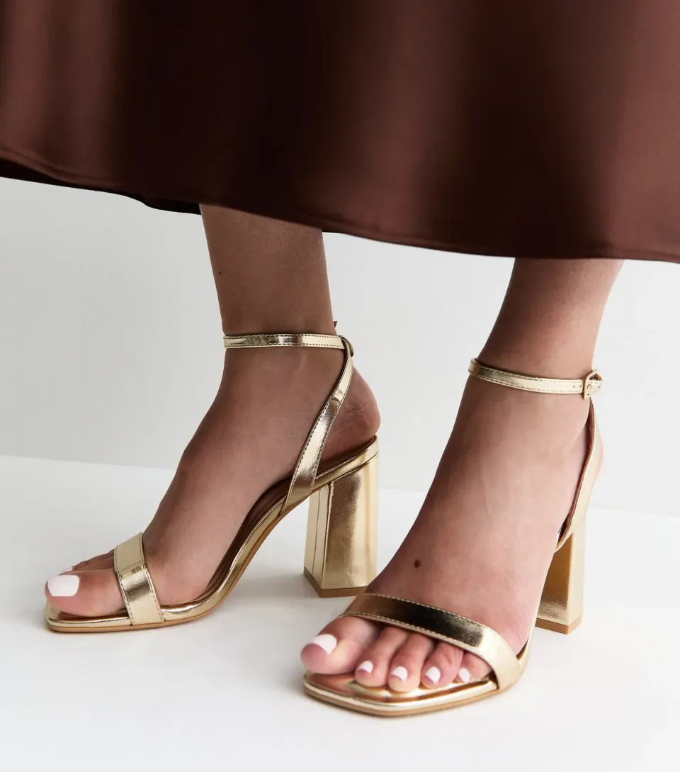 Women's Gold Faux Leather High Block Heel Sandals Vegan
