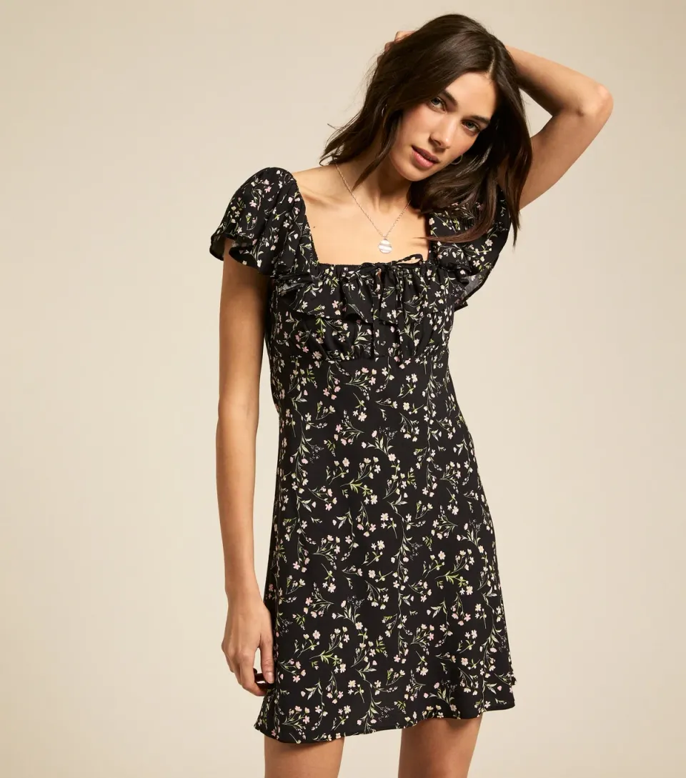 Women's Black Floral Print Square Neck Mini Dress