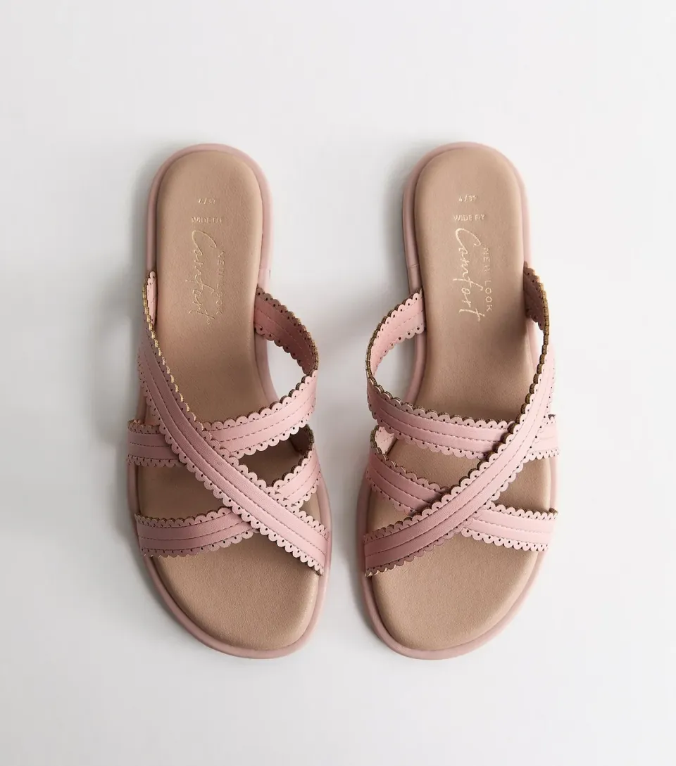 Women's Wide Fit Light Pink Faux Leather Scalloped Flat Mules Vegan