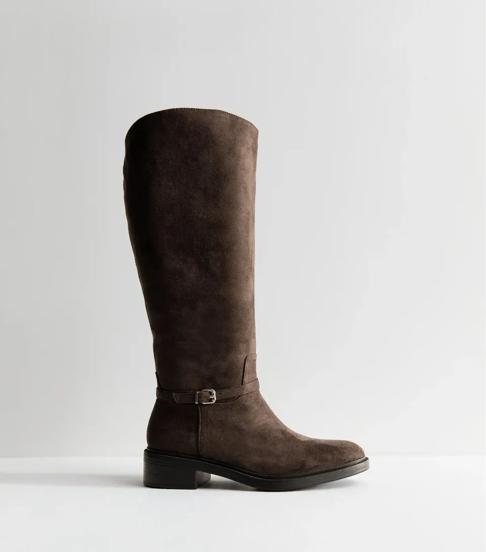 Women's Dark Brown Faux Suede Buckle Trim Riding Boots Vegan