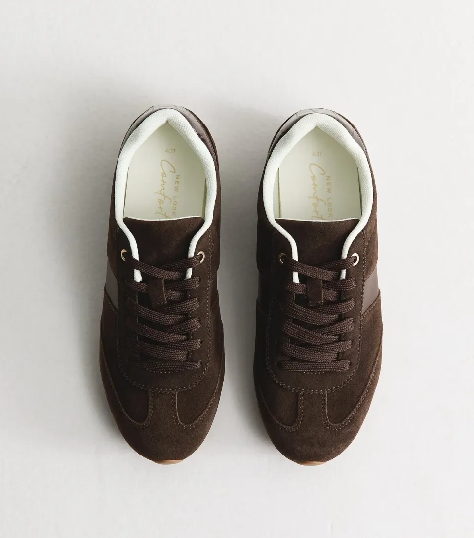 Women's Dark Brown Faux Brushed Leather Side Stripe Trainers Vegan