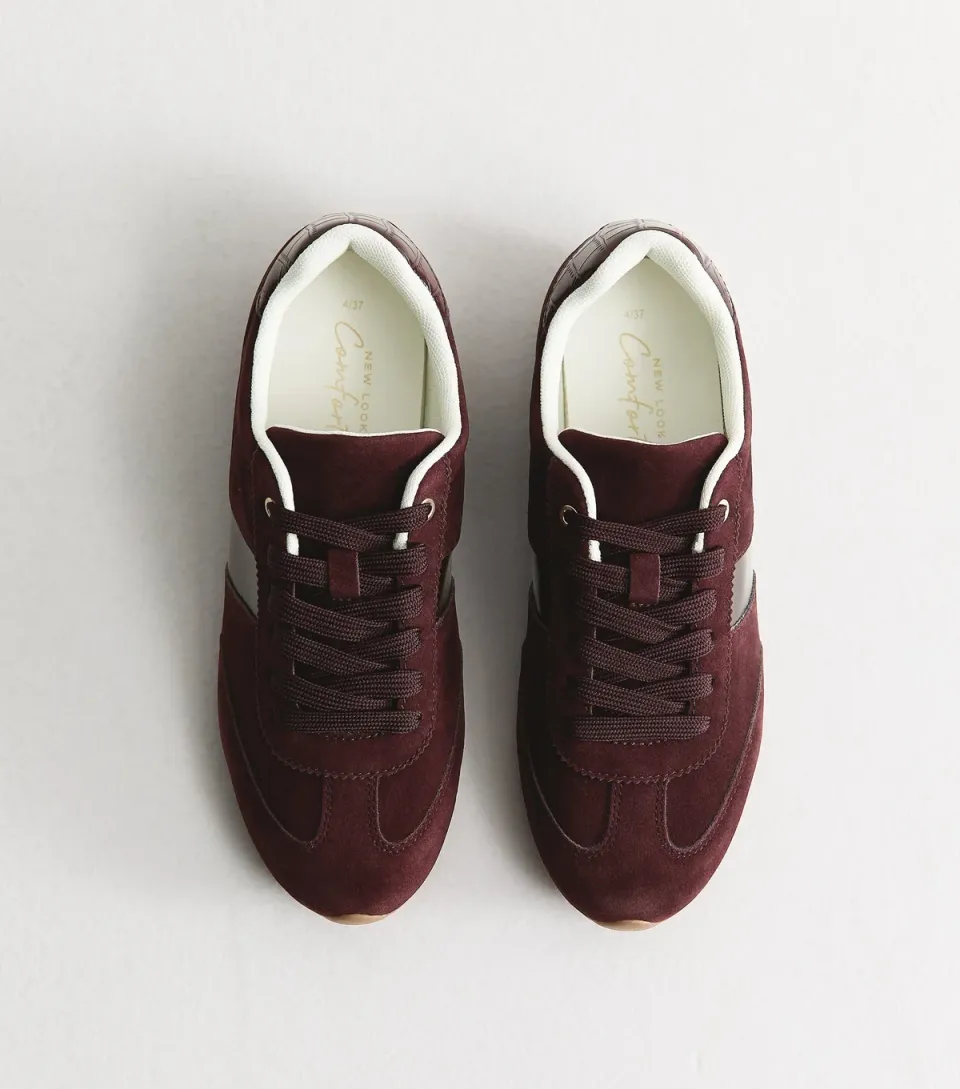 Women's Dark Burgundy Faux Brushed Leather Side Stripe Trainers Vegan