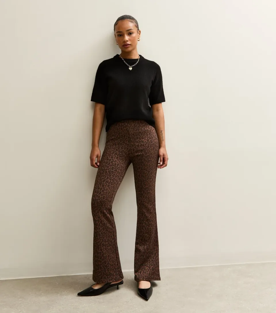 Women's Petite Brown Leopard Print Flared Leg Trousers