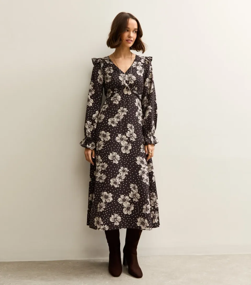 Women's Black Floral Frill Shoulder Midi Dress