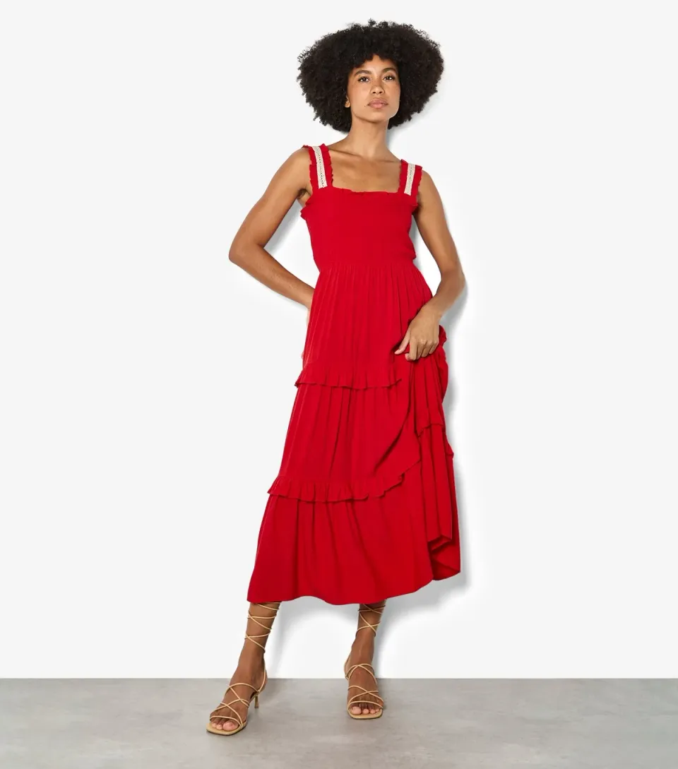Women's Bright Red Shirred Tiered Midi Dress