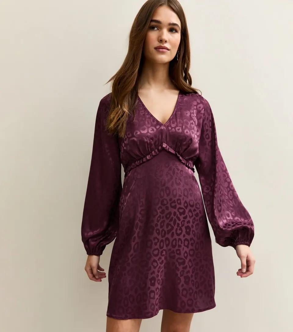 Women's Dark Purple Satin Long Sleeve Mini Dress