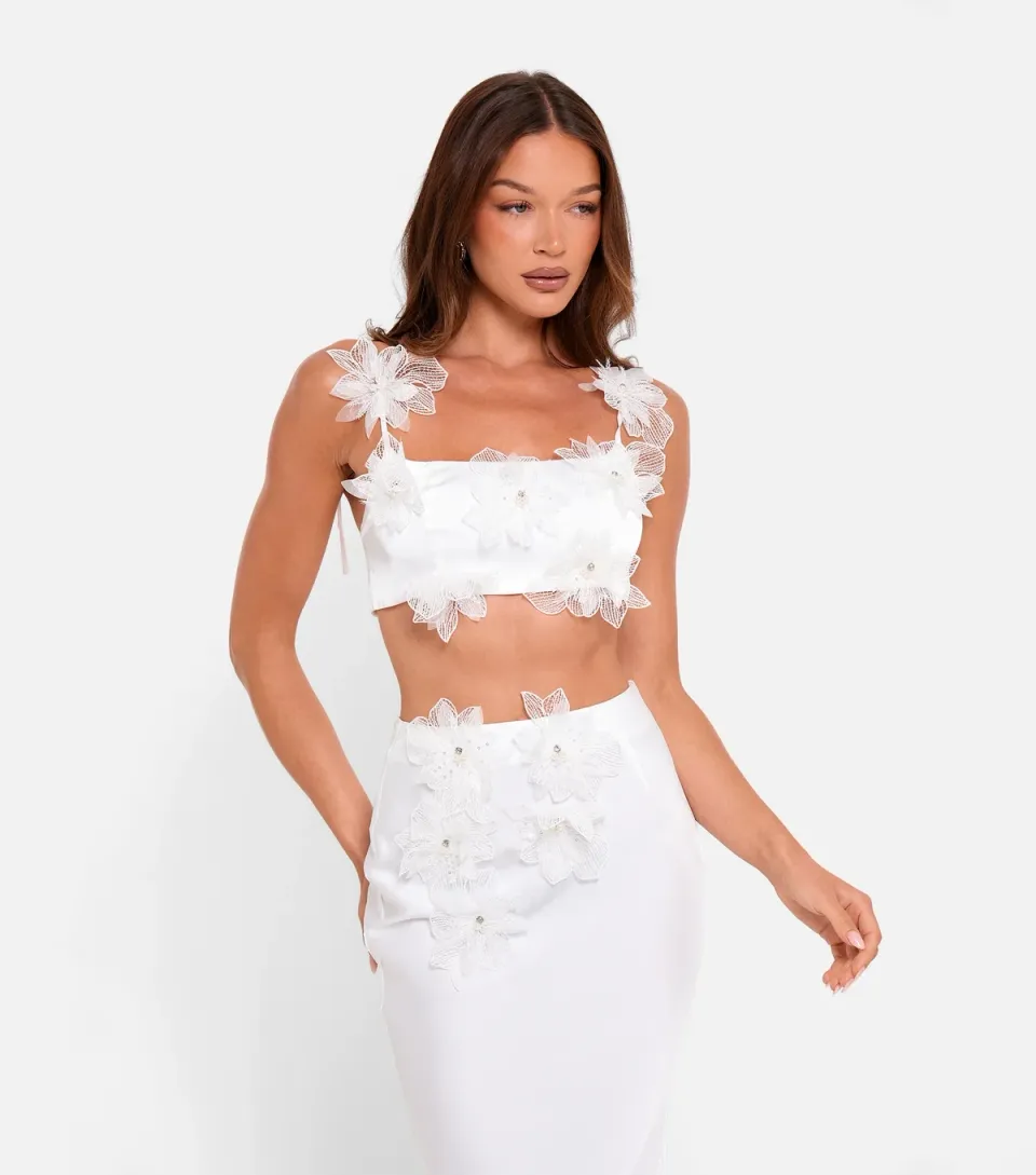 Women's White Floral Appliqué Tie Satin Top