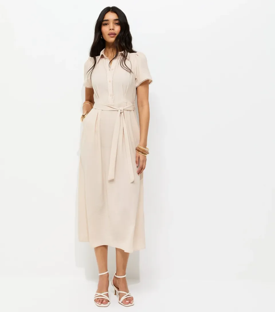Women's Stone Frill Trim Short Sleeve Shirt Midi Dress