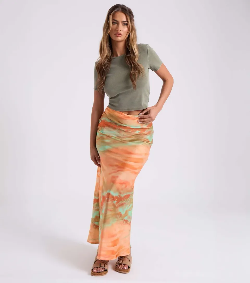 Women's Orange Tie Dye Maxi Skirt