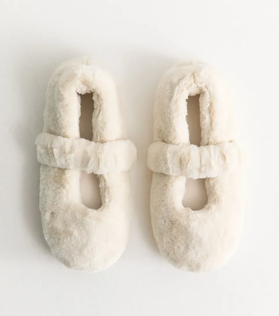 Women's Off White Faux Fur Mary Jane Ballet Slippers Vegan