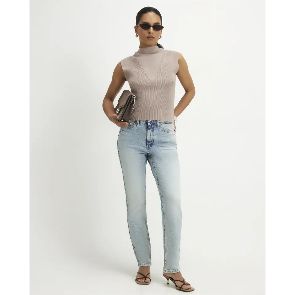 Petite Hi Waisted Washed Cigarette Jeans