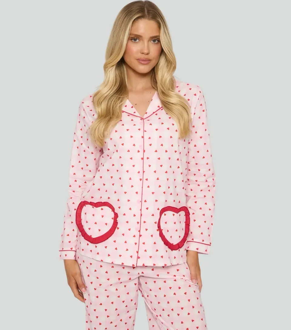 Women's Loungeable Valentines Pink Heart Print Frilly Trim Shirt and Trousers Pyjama Set