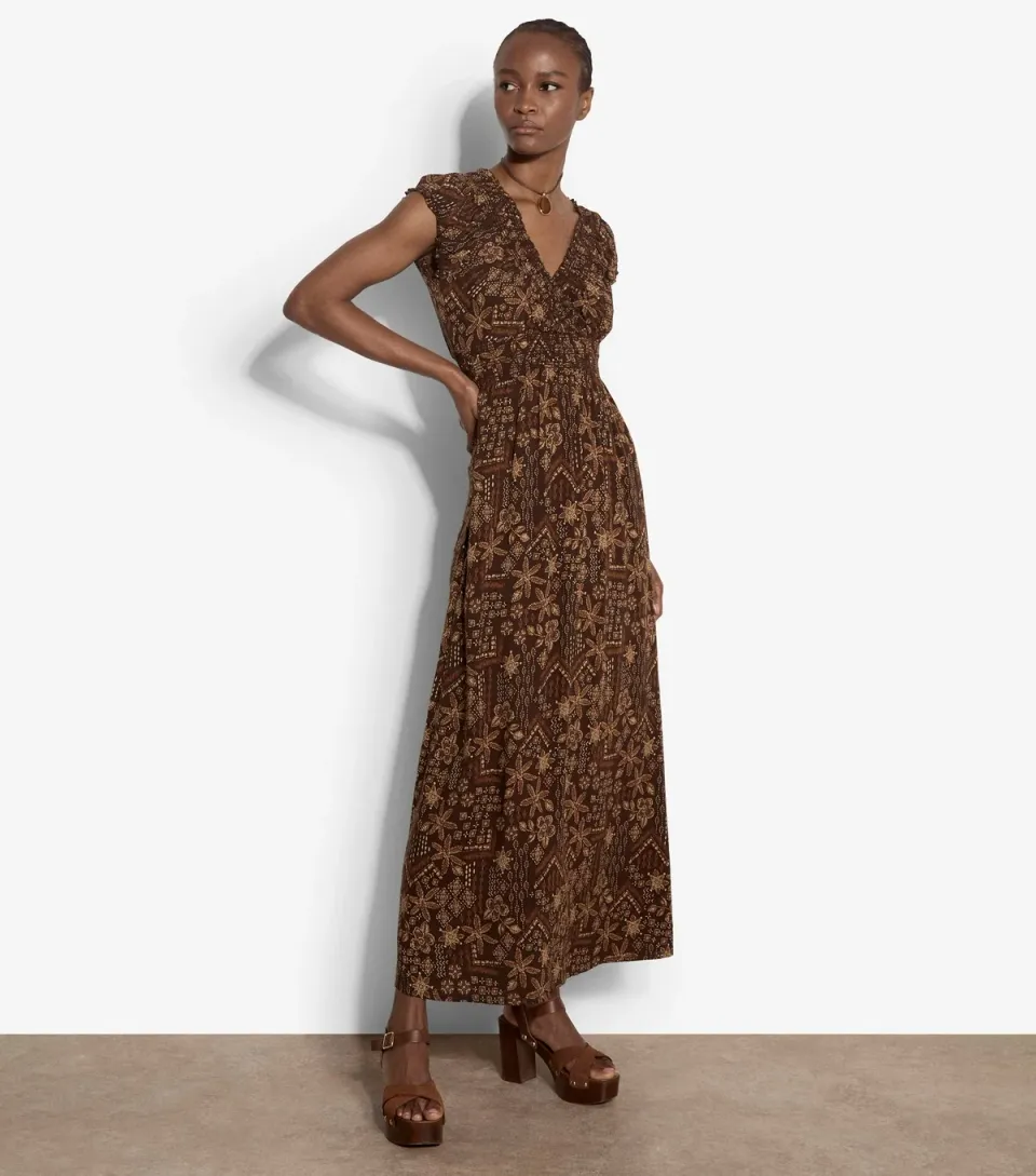 Women's Brown Floral Cap Sleeve Maxi Dress