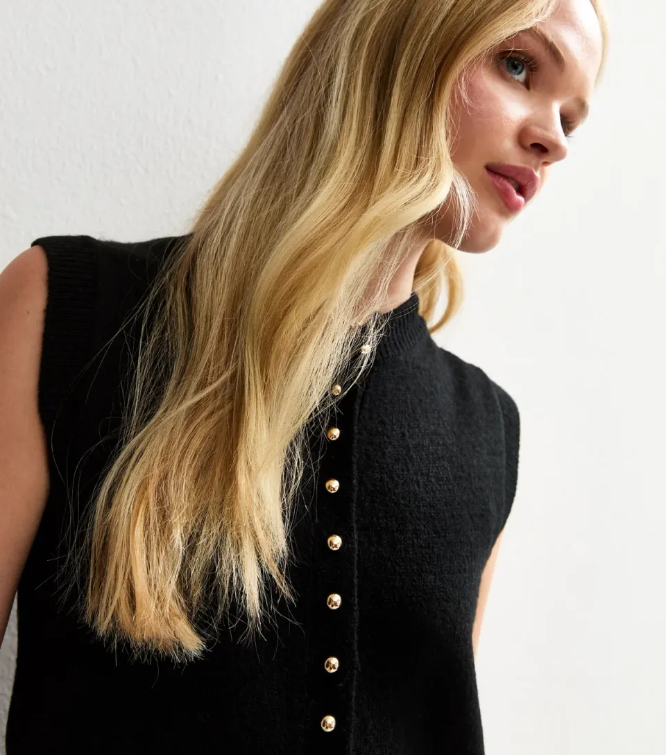 Women's Black Crew Neck Contrast Button Knit Waistcoat