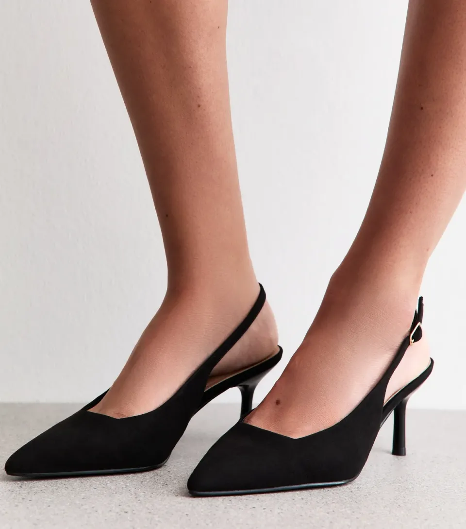 Women's Black Faux Suede Slingback Court Shoes Vegan