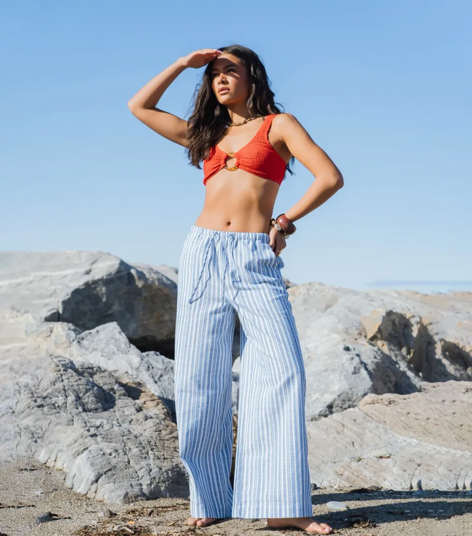 Women's Light Blue Striped Cotton Rich Trousers