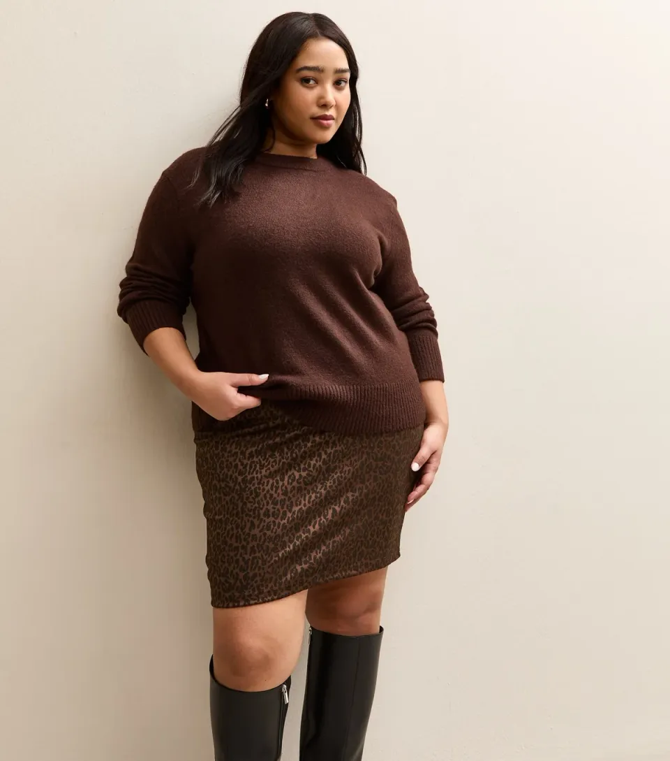 Women's Plus Size Brown Animal Jacquard Tube Skirt Curves