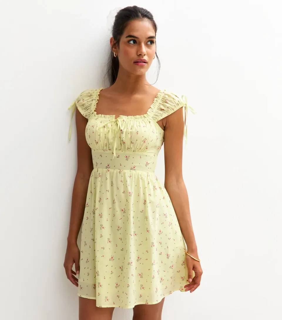 Women's Yellow Floral Print Milkmaid Mini Dress