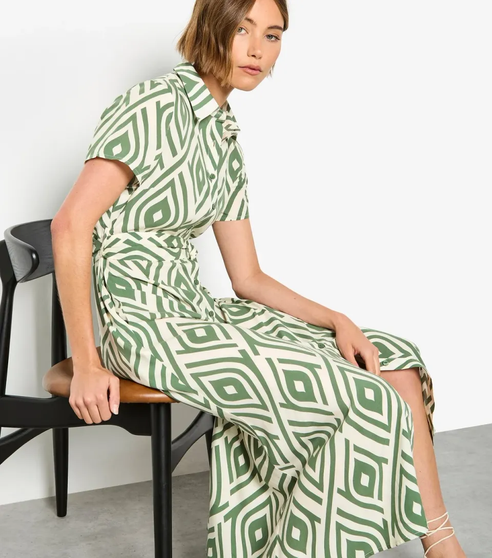 Women's Green Teardrop Print Midi Shirt Dress
