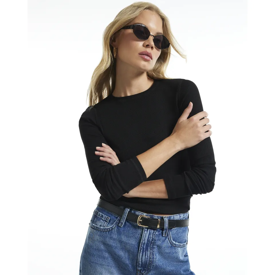 Rib Long Sleeve Baby Tee T-Shirt