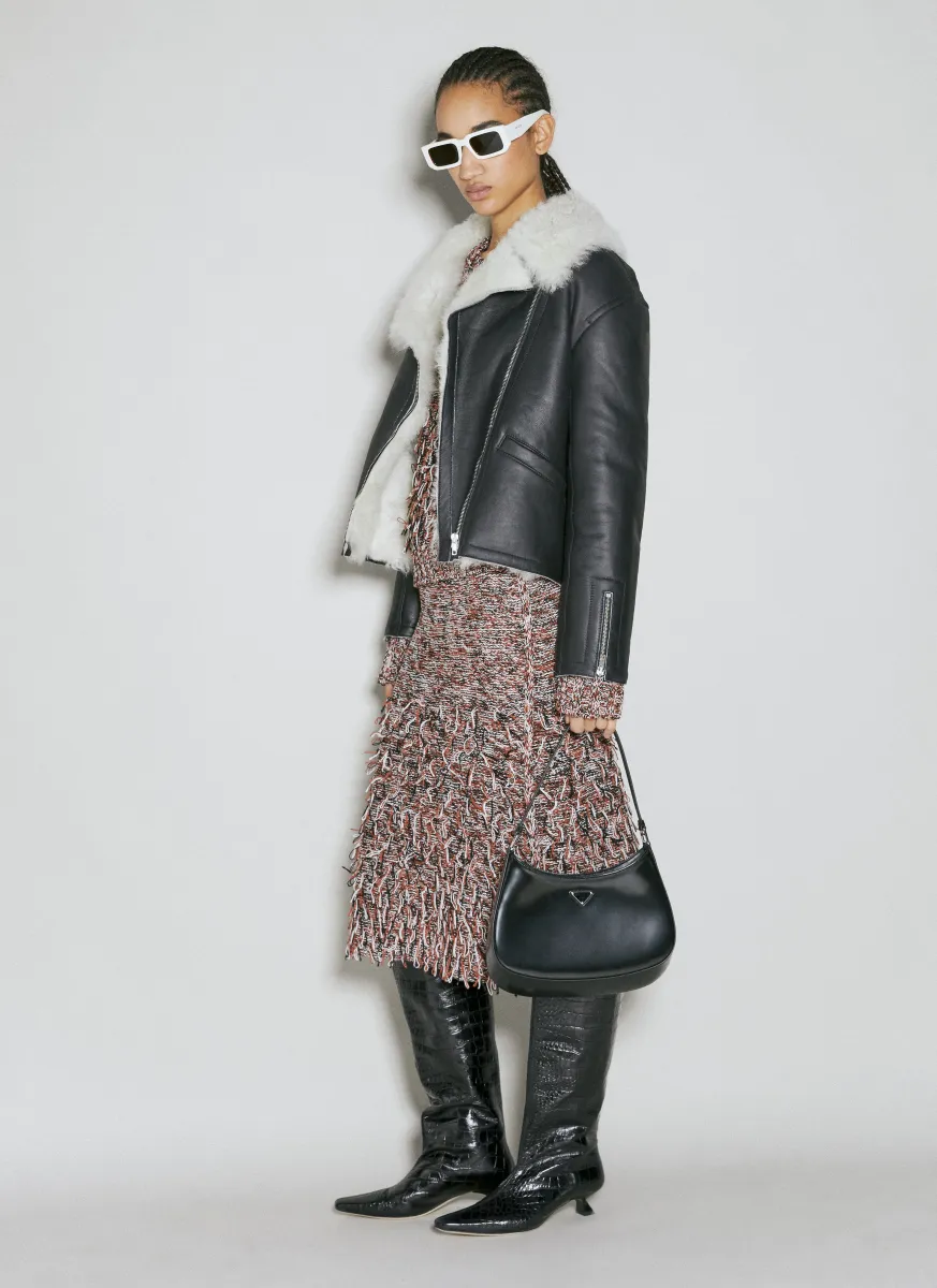 Shearling-Collar Leather Biker Jacket