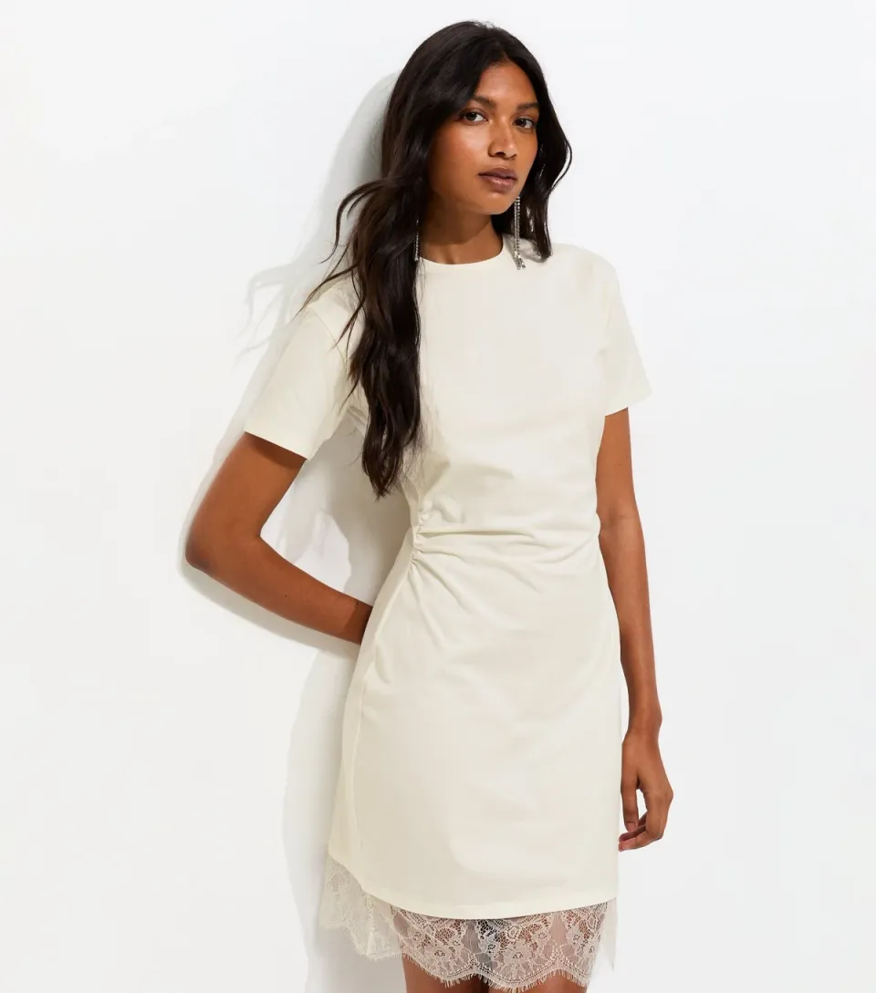 Women's Black Cotton Rich Ruched Lace Hem T-Shirt Dress