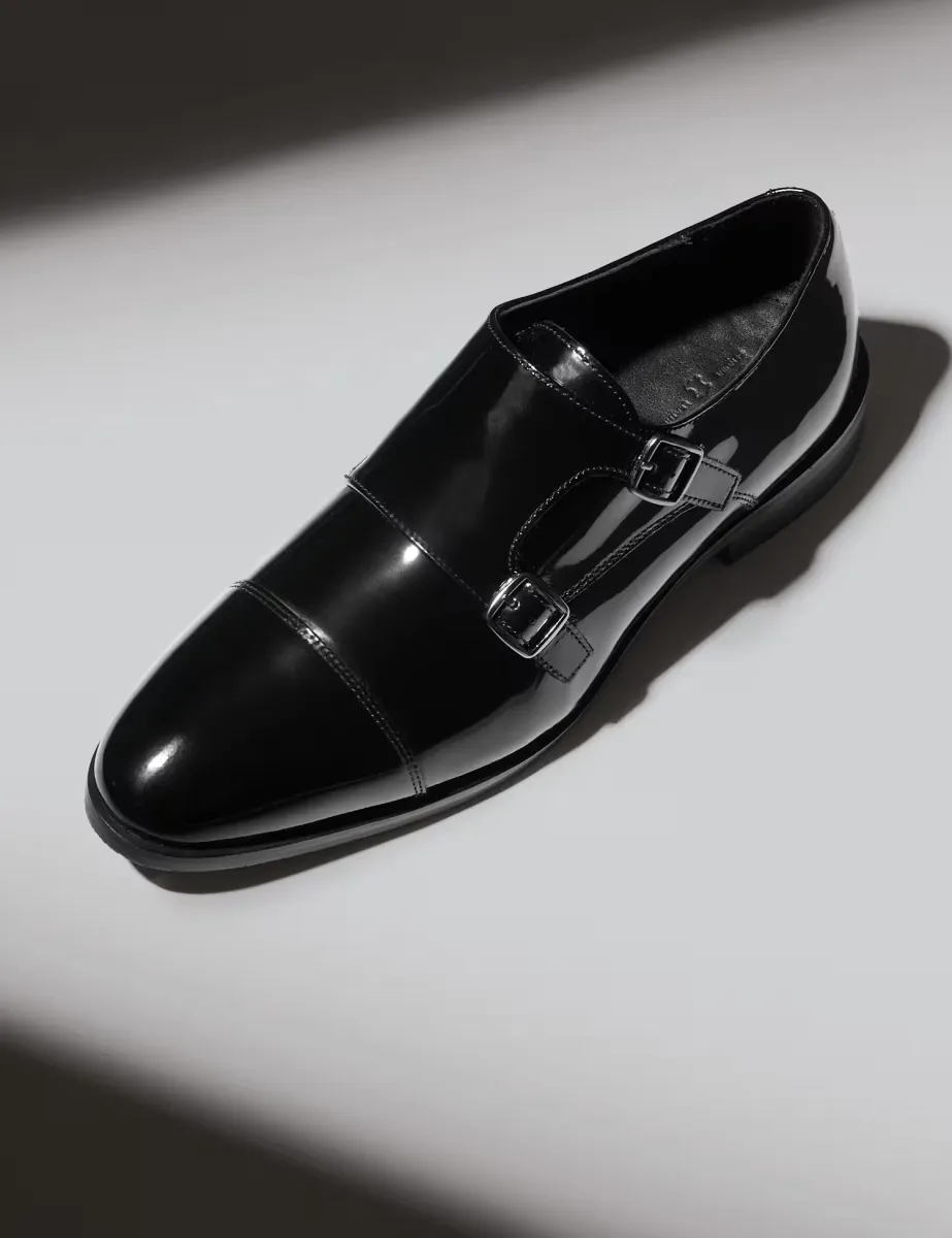 Patent Double Monk Strap Shoes Black