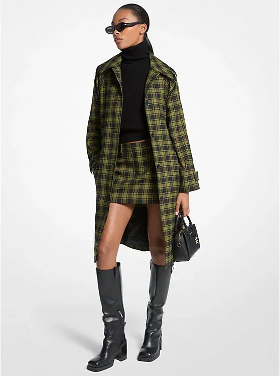 Plaid Stretch Wool Belted Balmacaan Coat