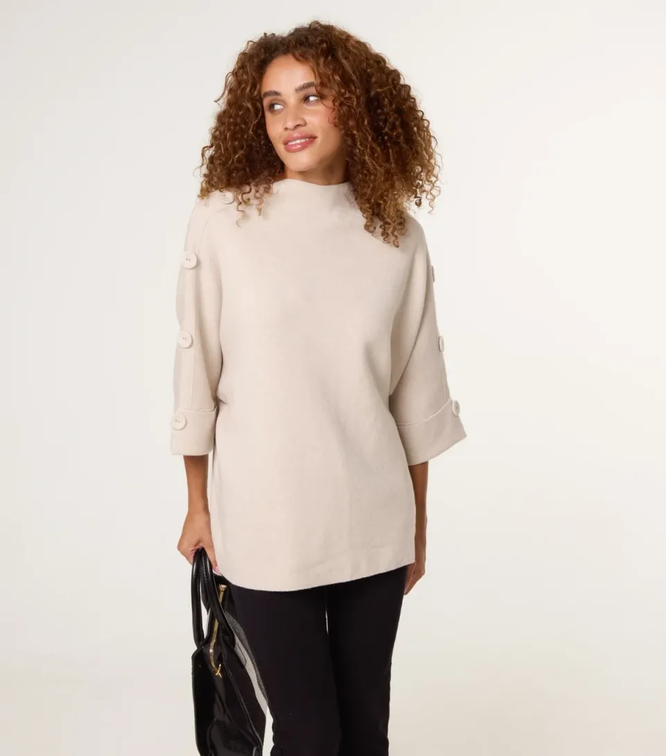 Women's Oatmeal Cropped Sleeve Button Detail Jumper