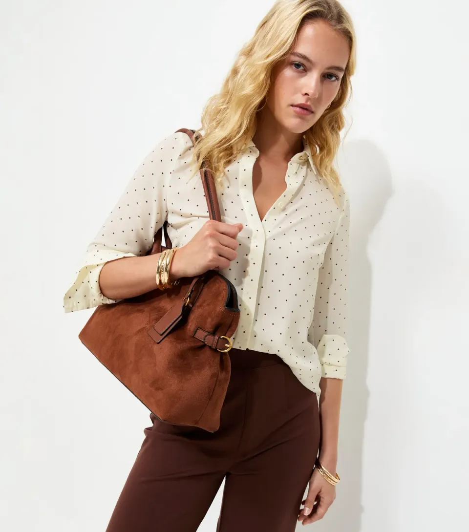 Women's Tall White Polka Dot Gold Button Blouse