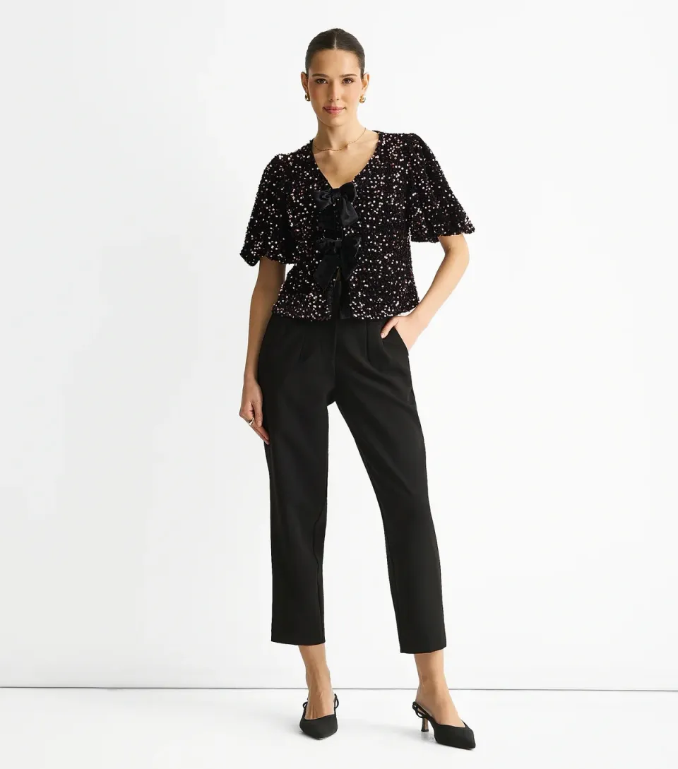 Women's Petite Black Velvet Sequin Bow Front Top