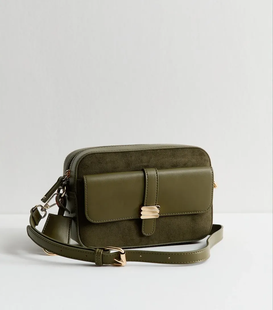 Dark Khaki Faux Leather Front Pocket Crossbody Bag