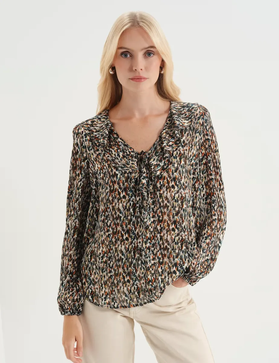 Printed Satin Chiffon Ruffle Blouse Black Mix